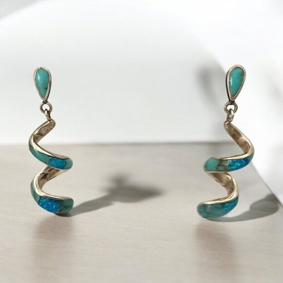 Vintage Sterling Silver Turquoise Blue Opal Spiral Drop Earrings Native American - Picture 2 of 11